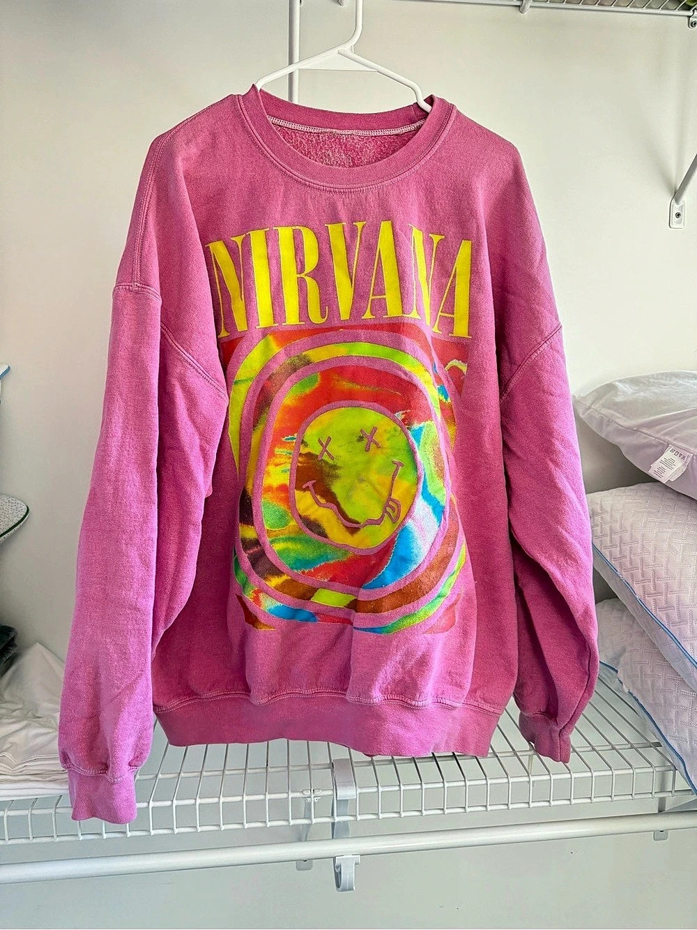 Nirvana Tie-Dye Smiley Face Crewneck Sweatshirt Pink